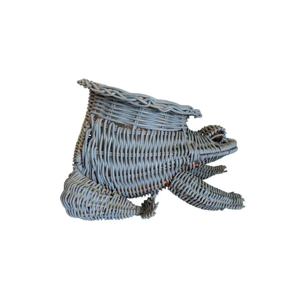 Vintage Wicker Frog Basket Planter with Marble Eyes Blue Cottagecore Farm Small